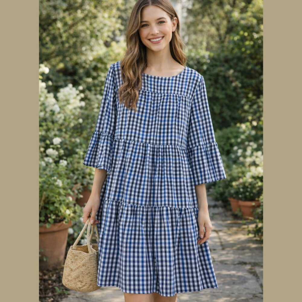 XL Blue & White Gingham Dress Brand Como Vintage NWT